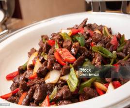 peppered beef and fried yam/potato
